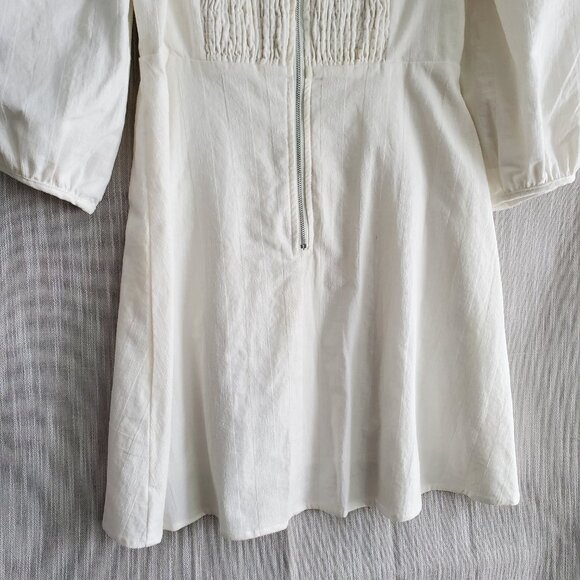 Short Fit & Flared Dress 3/4 Balloon Sleeves Peasant Milk Maid & Smocked Back - Picture 10 of 10